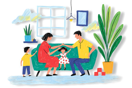 Happy family in the living room. Mother, father and children illustration.の写真素材