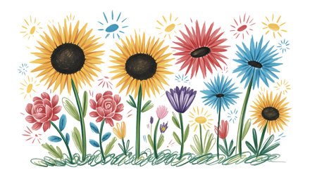 Sunflowers, daisies, cornflowers illustration.の写真素材