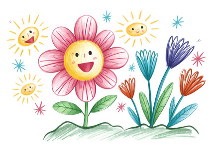 Cute cartoon flowers and sun isolated on white background.の写真素材