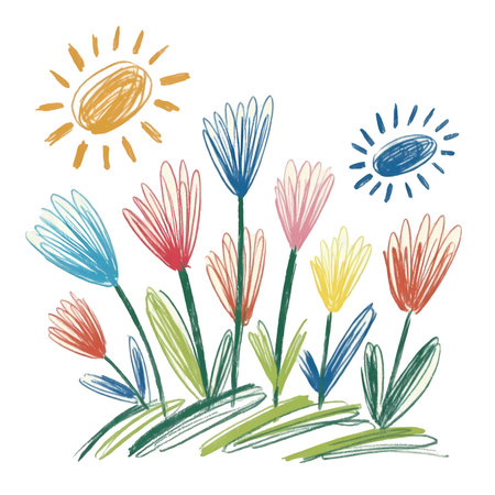 Hand drawn illustration of colorful daisies and sun. Isolated on white background.の写真素材