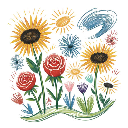 Beautiful hand drawn illustration with sunflowers and daisies.の写真素材