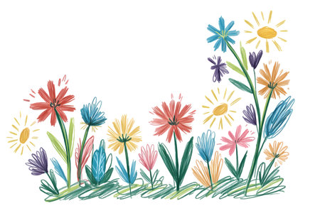 Beautiful hand drawn illustration with flowers, leaves and grass.の写真素材