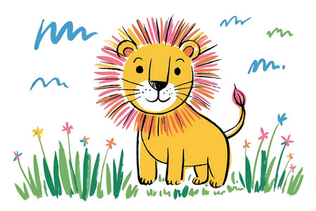 Cute cartoon lion on the meadow with flowers illustration.の写真素材