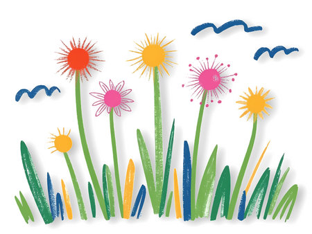 Vector illustration of grass with flowers and birds on a white background.の写真素材