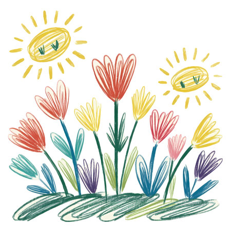 Cute hand drawn illustration with flowers and sun. Doodle drawing.の写真素材