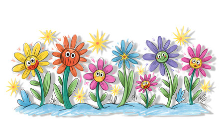 Illustration of Cute Flowers in the Garden on a White Backgroundの写真素材
