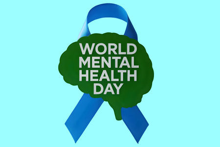 World Mental Health Day with ribbon on blue background. Vector illustration.