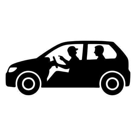 A driver in a car pointing while a passenger rides along, illustrating travel guidance or navigationのイラスト素材