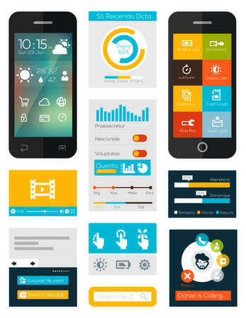 set of flat mobile elements, flat mobile phones and flat design icons for mobile app and webのイラスト素材