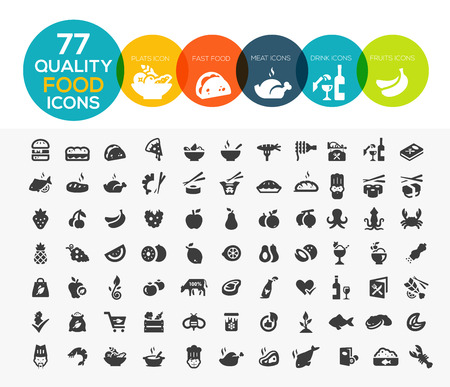 77 High quality food icons, including meat, vegetable, fruits, seafood, desserts, drink, dairy products and moreのイラスト素材