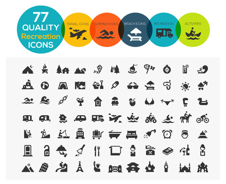 77 High Quality Recreation Icons including: travel, beach, sports, hotel and camping