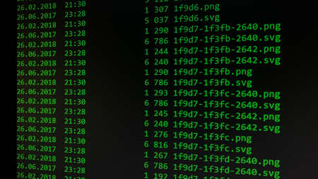 Computer monitor with hacker file checks. Green text on black monitor with contents of databases on the serverの写真素材