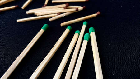 Wooden matches for ignition that have fallen out of the box are lying on the tableの写真素材