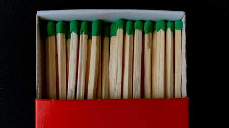 Wooden matches for ignition that have fallen out of the box are lying on the tableの写真素材