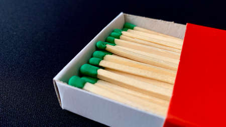 Wooden matches for ignition that have fallen out of the box are lying on the tableの写真素材