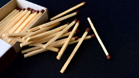 Wooden matches for ignition that have fallen out of the box are lying on the tableの写真素材