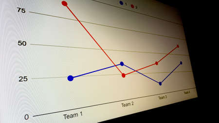 An office worker shows his colleagues a presentation with a company development graph at night on the company's computerの写真素材