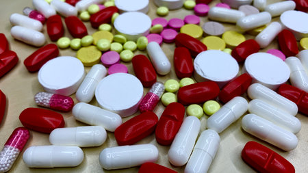 Set of pain medication pills in different colors. Vaccine and antidote in bright capsules