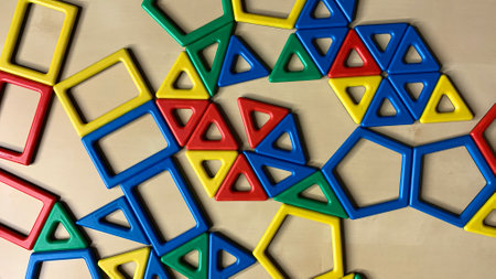 Magnetic multi-colored constructor for children in the form of geometric shapes. Development of young children through toysの写真素材