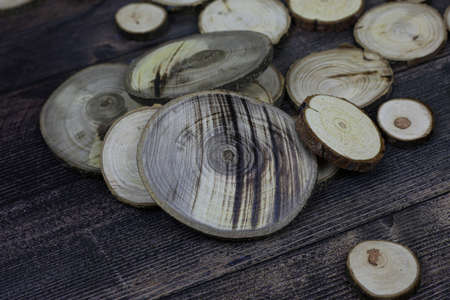 Decorative sawn logs, woody background for text, flat wood circles, drink holderの写真素材