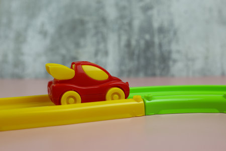 Multi-colored plastic constructor track with cars for childrenの写真素材