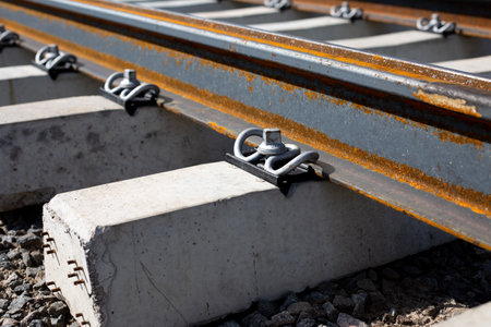 Reinforced concrete rail fastening rails to the sleeper. Spring-loaded metal fastening of the railway trackの写真素材