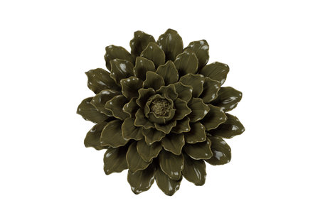 Ceramic flower chrysanthemum for decoration on a white background. Swamp color decorative flower with petals and bud in the center, top viewの写真素材