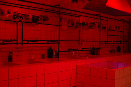 Darkroom with chemical means of developing photographs and photo cards hanging on a rope under bright red lightsの写真素材