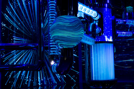 Blue glow of a demonstration of a scientific model of a nuclear reactor. Pipes and water tanks for energy productionの写真素材