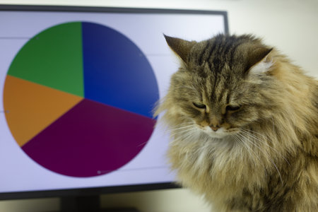 Sad cat office worker with a downcast look at work is upset by the results of financial activities...