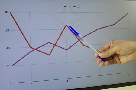 Woman hand with a pen points to the top of rising prices on the financial profit change infographic...