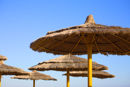 Straw umbrellas on a yellow pole on the sea against a clear sky in Egyptの写真素材