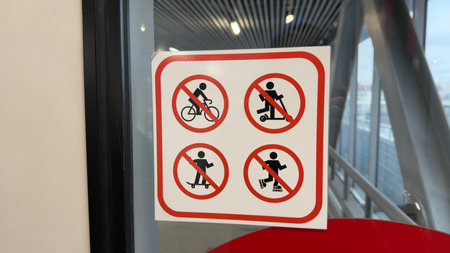 Sign on glass with 4 symbols prohibiting use of personal transport when entering public place, ban...