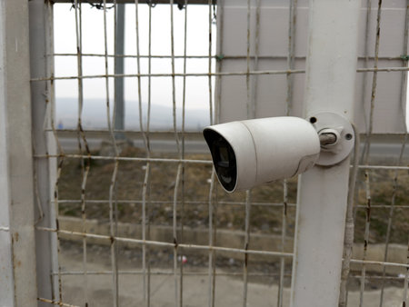 CCTV camera on fencing to ensure safety on street. Security equipment for monitoring crime on...