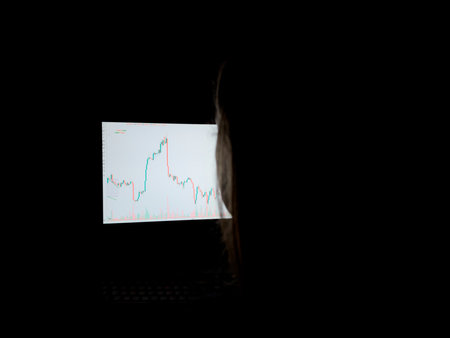 Girl looks at Japanese cryptocurrency candlestick chart to study trading. Modern finance and business of cryptocurrencies. Girl studies charts at night for successful cryptocurrency tradingの写真素材