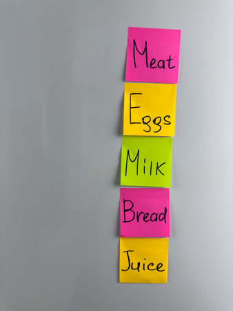 The grocery list is hung on refrigerator door as reminder. Food items needed for food. Refilling...