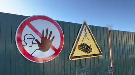 Two warning signs on green metal fence at construction site, one prohibiting entry without helmet, another alerting to crane with heavy load, safety symbols under clear blue skyの写真素材