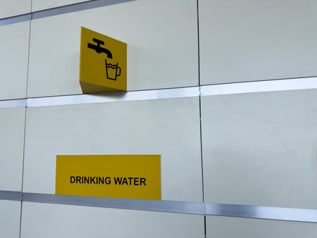 Helpful drinking water direction sign in a public building, designed for traveler convenience with minimalist style and high visibility for quick hydration accessの写真素材