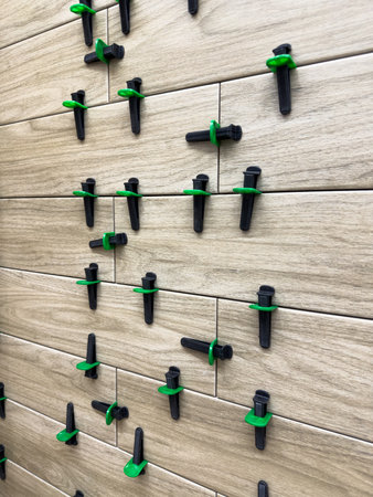 Close up of wall tiles being aligned with reusable leveling system. The spacers help achieve a perfectly flat surface during interior renovations or DIY tiling projectsの写真素材