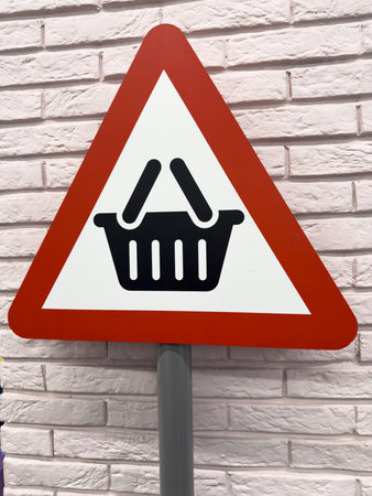 Triangular warning style sign with shopping basket symbol, placed against pale pink brick wall. Creative representation of shopping or consumer alert in modern retail environmentの写真素材