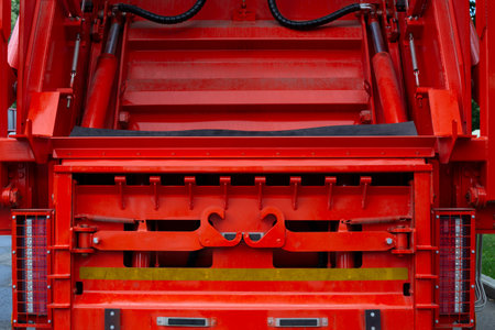 Close-up of red garbage truck rear, showing hydraulic components, metal hooks, springs, and safety...