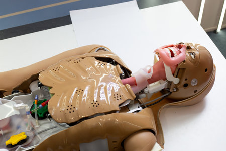 Advanced medical training mannequin with open chest and airway system, showing internal components for simulation of procedures, anatomy education, airway management and clinical skills practiceの写真素材