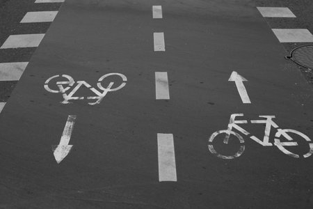 Black and white image of bicycle lane marked with painted symbols, indicating shared path for cyclists, with clear direction arrows showing movement for cyclists in both directionsの写真素材
