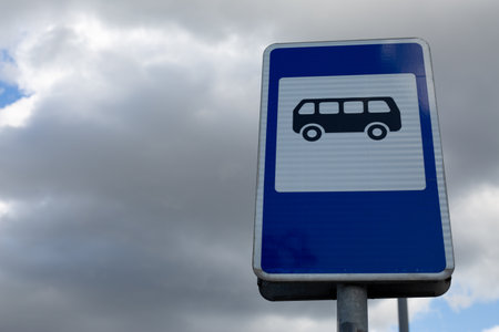 Road sign indicating bus stop with clear illustration of bus. Sign is a common part of urban...