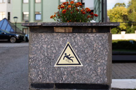 Cautionary slip hazard sign, affixed to a stone pillar with vibrant flowers on top. Reminder of safety in public spaces, promoting awareness of potential risksの写真素材