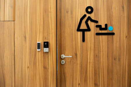 Entrance to baby changing room features modern locking system. Press button and access diaper changing room with ease. Modern technology and accessible environment for everyoneの写真素材