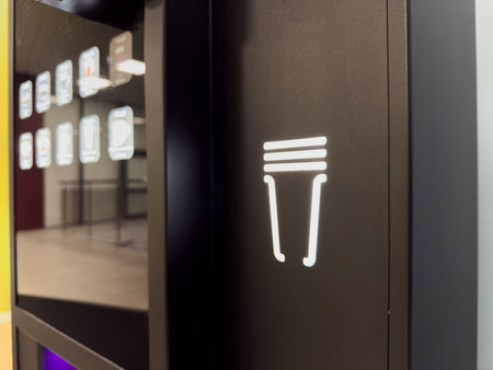 Coffee cup symbol on public coffee machine. Self service coffee machine. Automatic coffee brewing for purchase and takeaway in bustle of city. Fast purchase coffee on the go with coffee brewing machineの写真素材