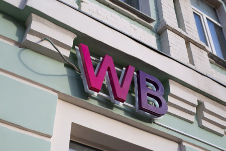 Moscow, Russia, November 16, 2025: Sign for Russian online retailer Wildberries. Digital platform with delivery of your orders. WB marketplace with huge selection of products and fast deliveryのeditorial素材