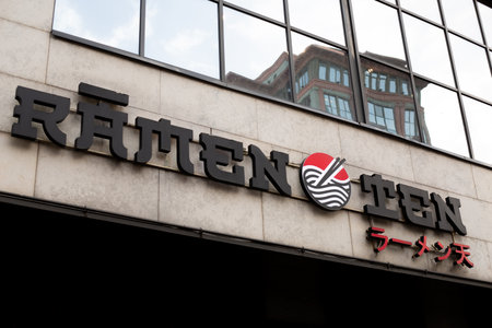 Moscow, Russia, November 16, 2025: Ramen Ten cafe sign. Ramen Ten offers guests authentic Japanese cuisine and cozy atmosphere. Street advertising featuring Japanese cafe sign with hieroglyphsのeditorial素材