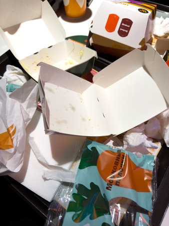 Moscow, Russia, November 21, 2025: Cardboard burger box. Empty packaging after eating at Vkusno and Tochka. Junk after eating. Recycling tray for junk food at fast food chainのeditorial素材